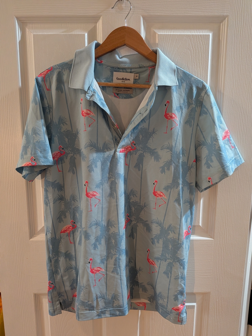 Goodfellow & Co Light Blue Polo with Pink Flamingo Print